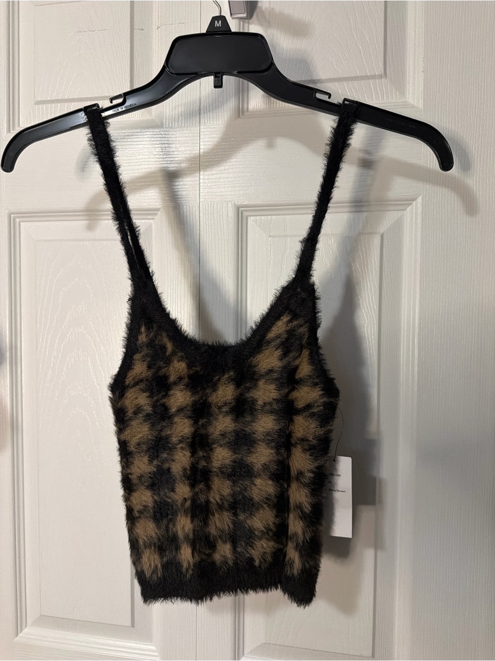 Faux Fur Fuzzy Plaid Tank Top - Black & Tan